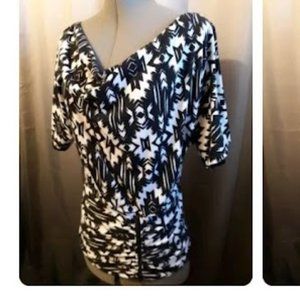 Aztec Southwestern Draped neck Blouse S Black White ruched waist Dolman sleeve